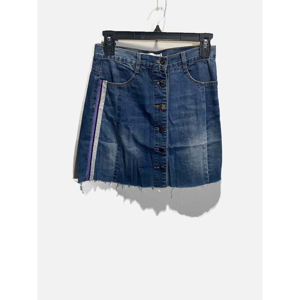Shun Fang Denim Skirt Womens Medium Blue Glitter Side Stripe Raw Hem Mini Skirt
